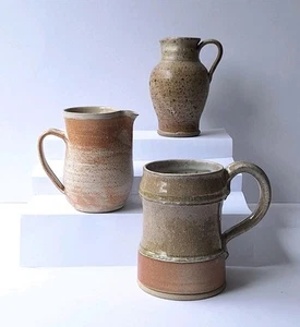 3 Hand-Thrown Rustic Farmhouse-Style Ceramic Jugs / Tankards – Vintage Stoneware - Picture 1 of 23