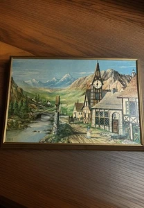 Paisaje pueblo europeo pintura al óleo vintage con reloj firma KENNETH - Imagen 1 de 17