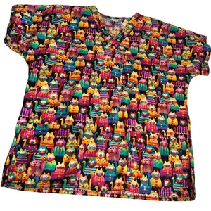SCRUBS Cat Print Scrub Top Multicolor V Neck Short Sleeve Women's Large Comfy - Picture 1 of 7
