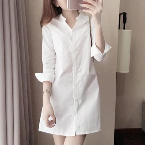 Women Girls White Shirt Long Sleeve V-Neck Slim Fit Mini Shirt Dress Summer - Picture 1 of 47