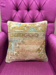 Vintage Rug Pillow Cover 16x16, Handmade Turkish Cushion Case, Home Decor Pillow - Picture 1 of 11