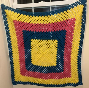Handmade Afghan Crochet Throw Blanket Multi-Color 42"x42" Yellow, Green, Coral - Picture 1 of 6