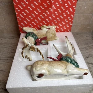 1991 Set 2 Fitz & Floyd Holiday Rentier Kerzenhalter Porzellan mit Schleife & Kranz - Bild 1 von 23