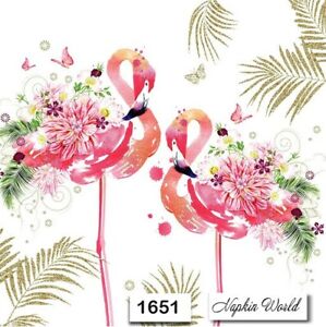 (1651) TWO Individual Paper Luncheon Decoupage Napkins - FLORAL FLAMINGOS BIRDS