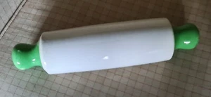 Vintage ROLLING PIN ~ One piece Stoneware, Green Short Handles, Tiny Chips, RARE - Picture 1 of 5