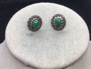Vintage Silver Plated Southwestern Malachite Stone Stud Earrings D863 - Picture 1 of 3