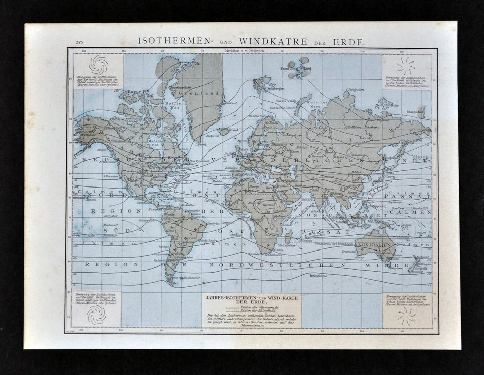 Mapa mundial Andrees 1881 isotermas viento clima América Australia Asia Europa Foto 1 de 1