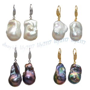 15-25mm Natural White Baroque Pearl Dangle Rhinestone Silver Gold Hook Earrings - Picture 1 of 23