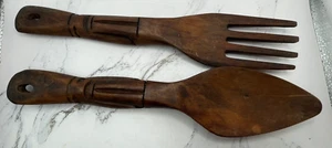 Vintage übergroße geschnitzte Holzutensilien - Gabel & Löffel - Dekor rustikal - Bauernhaus - Bild 1 von 4