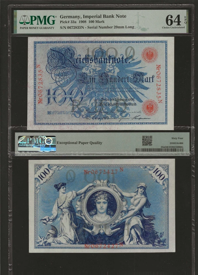 GERMANY 100 Mark 1908 P-33a Imperial Banknote, PMG 64 EPQ Ch UNC, Beautiful Note - Image 1 of 1