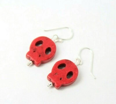 Pendientes Calavera Rojo Esqueleto Halloween .925 Plata Esterlina Ganchos Alfileres 1.25" Foto 1 de 4