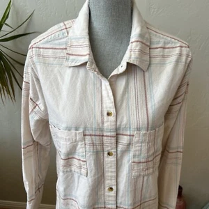 Rip Curl Flannel Shirt White Cream Blue Rust Plaid Long Sleeve Button Up Sz S/M - Picture 1 of 10
