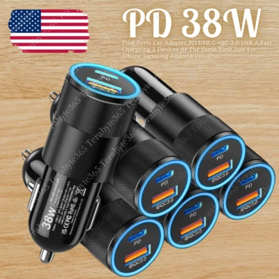 Lote de plugues adaptador carregador rápido carro telefone universal portas duplas PD 38W USB-C+USB-A - Imagem 1 de 4
