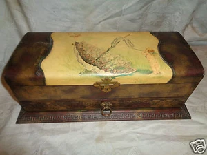 ANTIQUE VICTORIAN CELLULOID CHERUB VIOLET NECKTIE JEWELRY LARGE DRESSER BOX RARE - Picture 1 of 11