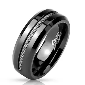 BAGUE ANNEAU HOMME TUNGSTÈNE MASSIF LAQUÉ NOIR & CABLE ACIER PAS CHER NEUVE 4603 - Picture 1 of 1
