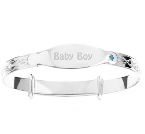 ID Bangle Bracelet Baby Boy Blue CZ Sterling Silver Birthday Baby shower Gift - Picture 1 of 9