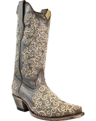 CORRAL Women's Grey Floral Embroidered Studs & Crystals Cowgirl Boot Snip R1408 - Image 1 of 2