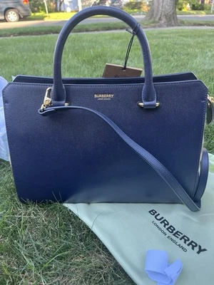 NWT BURBERRY BANWELL DARK BLUE LEATHER CHECK CANVAS SM SHOULDER TOTE BAG $ 1950 - Image 1 of 4