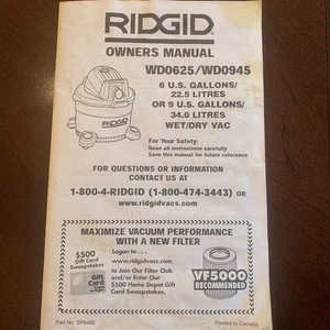 Ridgid Owners Manual WD0625/WD0945 6 Gallons Manual Only - Picture 1 of 12