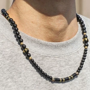 Men Women Tibetan Black Onyx Beaded Meditation Prayer Surfer Ethnic Necklace - Picture 1 of 4
