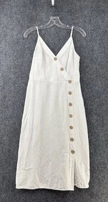 Maxi Vestido Express Blanco Mezcla Lino Para Mujer Mediano Smocking Botón Lagenlook Foto 1 de 4