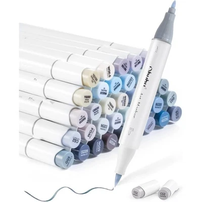 Ohuhu Alcohol Markers Brush Tip 36 Grayscale Colors w/ 1 Blender - Fine & Brush