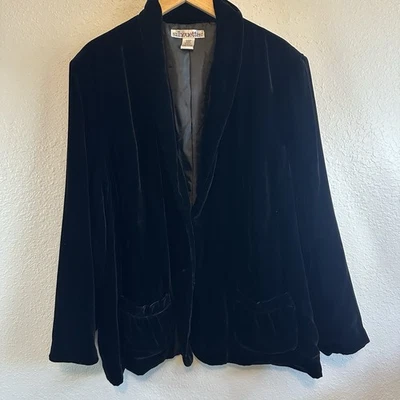 VTG Silhouettes Blazer 24w Black Velvet Feel Open Jacket Pockets Silk Blend Goth - Image 1 of 4
