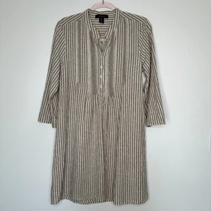 Tahari Linen Cotton Popover Dress Womens Size L Striped Tan White Pintuck Preppy - Picture 1 of 9