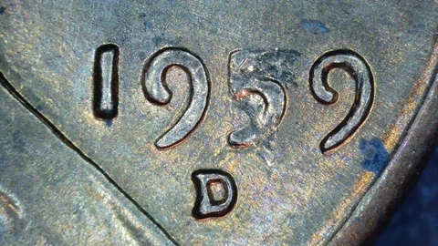 1959-D Lincoln Cent - Mint State, Red, Struck-Through Date, Doubled "I" Cover