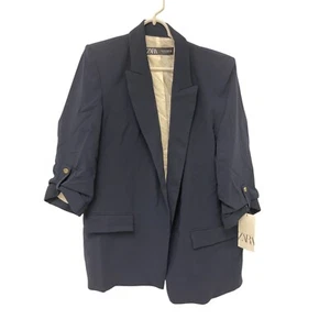 Zara Womens Blazer Jacket L Large Navy Blue Rolled Up Sleeves Open 2182/518 NWT - Picture 1 of 13