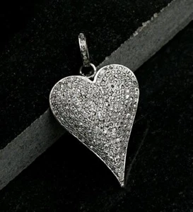 Pave Diamond Heart 925 Silver Lover Pendant Necklace Fine Diamond Jewelry Gift. - Picture 1 of 12