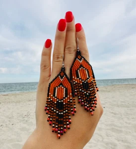 Long orange beaded earrings with fringe, Halloween abstract seed bead earrings - Picture 1 of 10