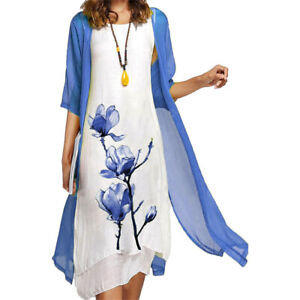 Womens Floral Flowy Midi Dress with Jacket 2 Piece Set Summer Dress