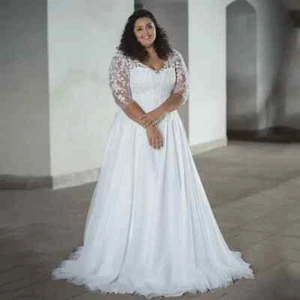 Plus Size Tulle Wedding Dresses 3/4 Sleeve Appliques Sweep Train Bridal Gowns - Picture 1 of 8