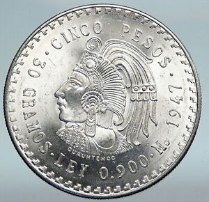 1947 MEXICO Aztec Chieftain CUAUHTEMOC Eagle Genuine Silver 5 Peso Coin i89658