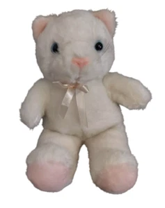 Vtg White Kitty Cat Plush 11" Pink Satin Bow Soft Stuffed Toy Blue Eyes Emrad - Picture 1 of 9