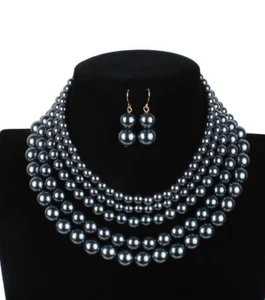 Charming 5 rows 5-11mm south sea Tahitian black pearl necklace + earring AAA - Picture 1 of 1