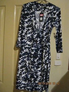 Basque size 6 - jersey style mock wrap dress - Black and Blue on White - Picture 1 of 8