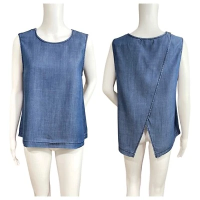 Michael Stars Tencel Denim Split Back Sleeveless Top Women M Blue Shoulder Zip - Image 1 of 4