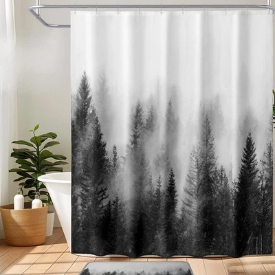 ORTIGIA Black and White Misty Forest Shower Curtain for Bathroom, Nature Wood... - Image 1 of 4