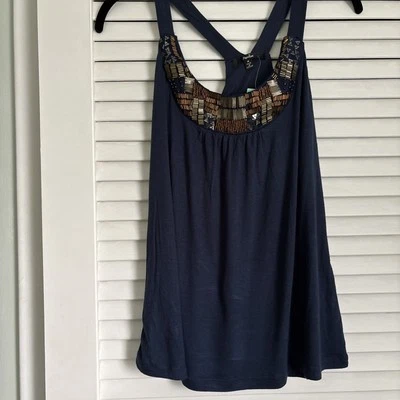 Camiseta sin mangas para mujer mediana papaya azul marino con cuentas línea A larga  Foto 1 de 4