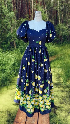 Handmade Puff Sleeve Sweetheart Navy Blue Dots & Lemons Border Cottagecore Dress - Image 1 of 4