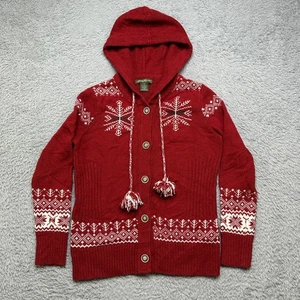 Eddie Bauer Nordic Strickjacke Damen L rot Wollmischung Kapuze Pullover Quasten - Bild 1 von 8