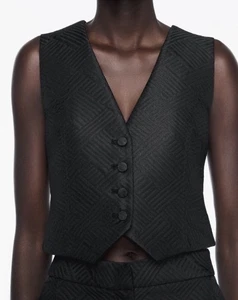ZARA WOMAN JACQUARD CROPPED WAISTCOAT VEST BLACK SZ M NWOT - Picture 1 of 12