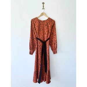 Hobbs Isla Satin Midi Dress Size 12 Burnt Orange Jacquard Pattern Belted Wedding - Picture 1 of 11