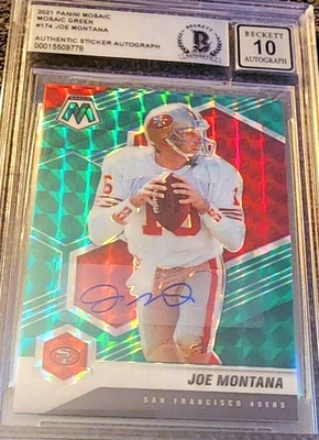 Joe Montana Autógrafo 2021 Panini Mosaico Verde PRIZM 174 RARO Beckett 10 Automático Foto 1 de 4