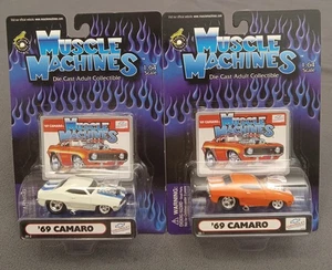 Muscle Machines Pair 2000 Chevrolet '69 Camaro Orange & White 1/64 MOC - Picture 1 of 20