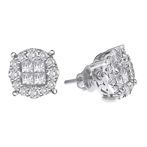 Ladies Stud Earrings 2.00ct Natural Round/Princess Diamond 14k White Gold - Picture 1 of 1