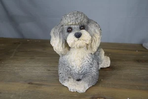 Poodle Dog Statue Figurine Gray Cream Lying Down Composite Sculpture Home Decor - Picture 1 of 9