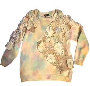1 Size Sue Blue Highly Embellished Sweater Applique Lace Pastel Tie Dye Vtg 90s - Picture 1 of 13